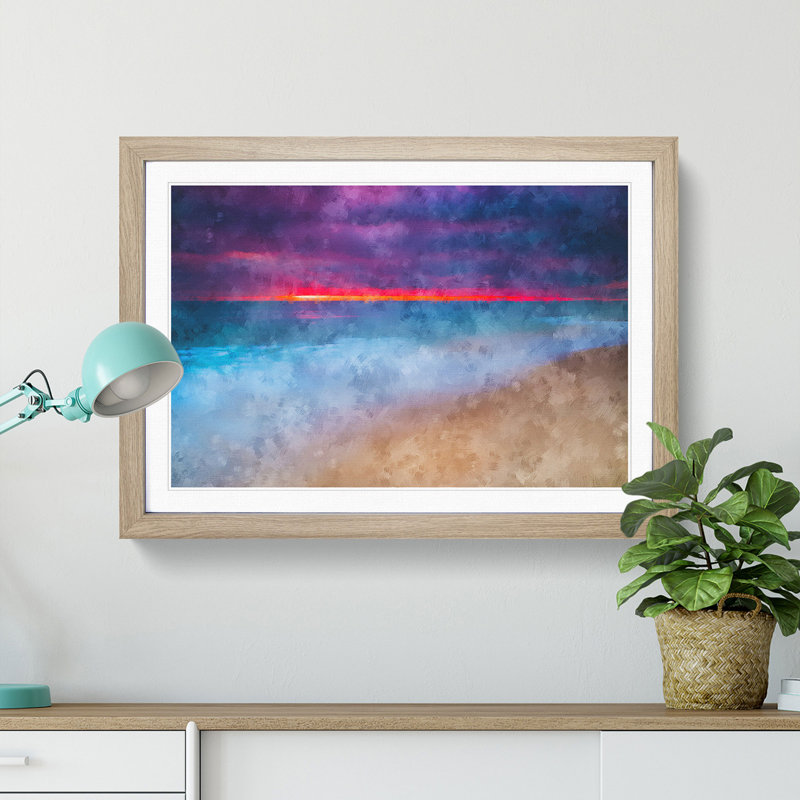 Pink Sunset - Single Picture Frame Print on MDF, 62cm H x 87cm W x 2cm D, Oak
