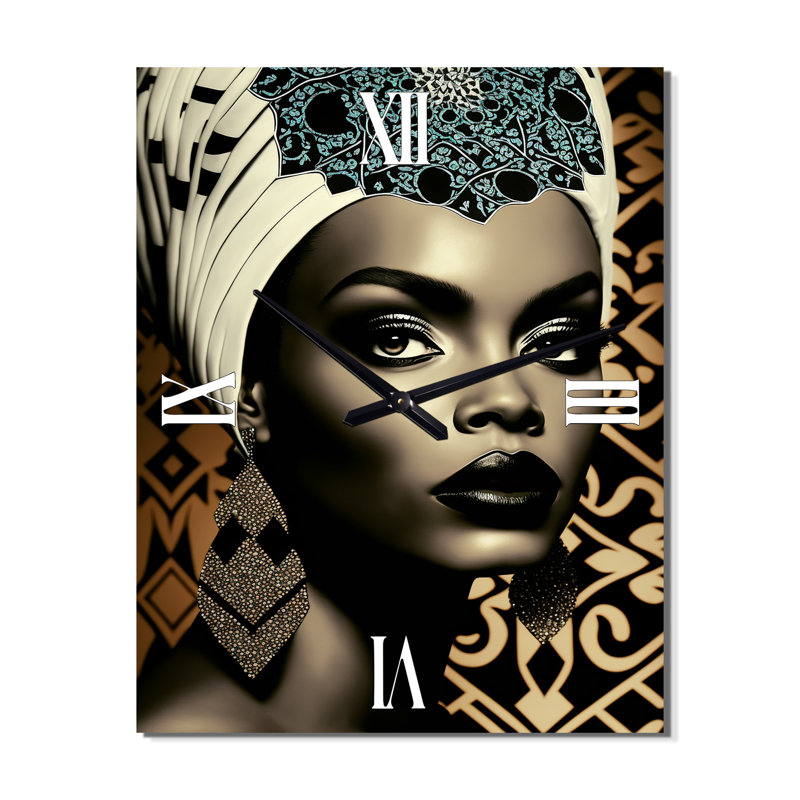 Portrait élégant de l'élégante femme africaine X - très grandes horloges murales afro-américaines, H 32 po x l 16 po x P 1 po