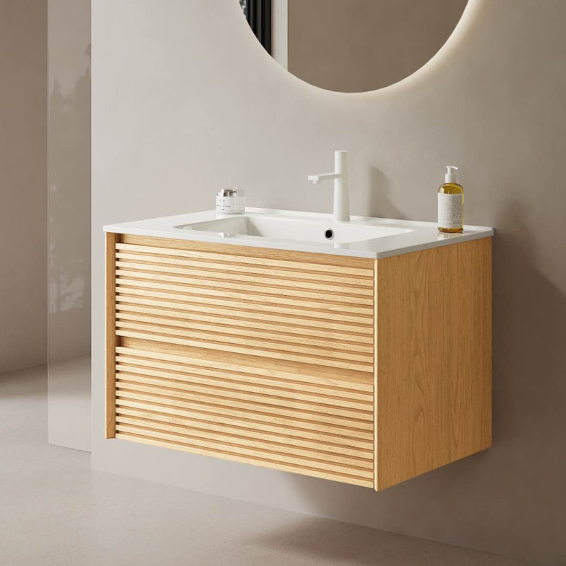 30" Solid Wood Bathroom Vanity with BRON Sink, Modern Plywood Wall Mounted Floating Bathroom Cabinet, White Ceramic Sink, Natural Light Oak