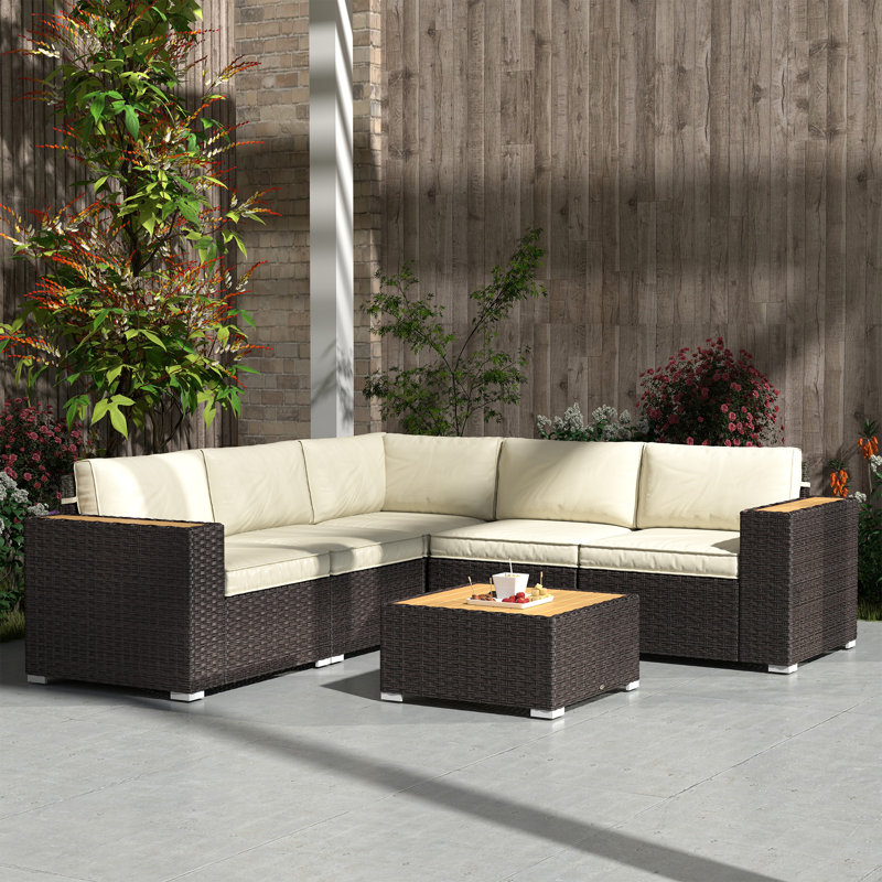 Ensemble de meubles de patio en rotin 6 pièces avec canapé d'angle, table, kaki, Beige