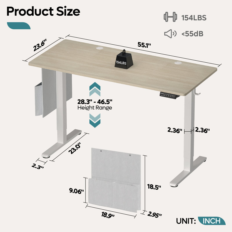 Seilles 55.1" W Height Adjustable Standing Desk, White