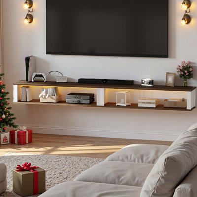 77" Farmhouse Floating Tv Stand For Tvs Up To 85 Inch,wood Floating Entertainment Centre With Storage Shelf, Wall Mounted Tv Shelf With Led Light, Gift