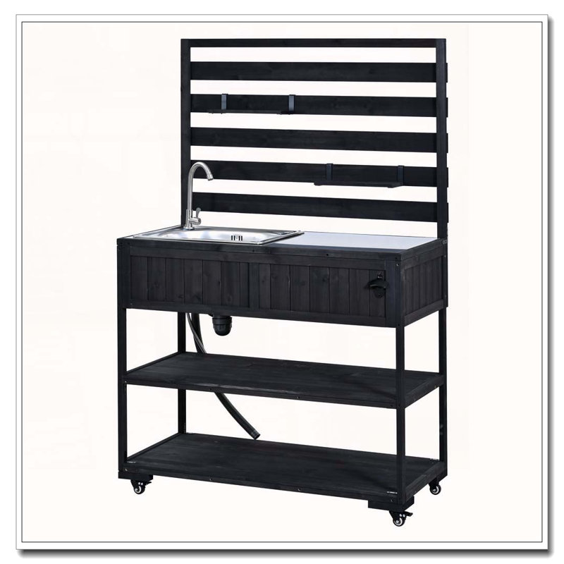 ÃŽlot de cuisine mobile de 106 cm (41,7 po) pour terrasse, chariot de cuisine en bois massif avec Ã©vier, table de rempotage de jardin avec plateau en acier inoxydable