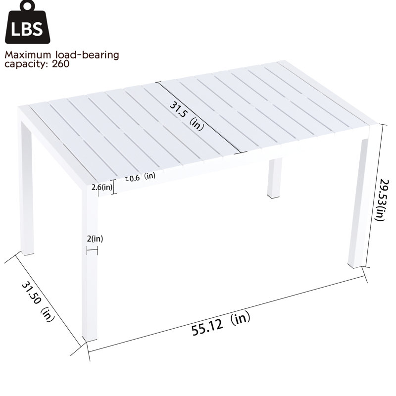 Table blanche de 55 pouces avec 4 chaises longues bleues, durable, résistante aux intempéries, facile à assembler, pieds en caoutchouc antidérapants, polyvalente pour les espaces modernes et dotée de 4 chaises longues pour une utilisation intérieure / extérieure, toutes saisons