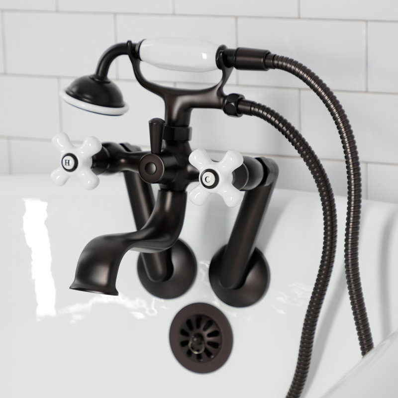 Kingston Brass Kingston Three-Handle 2-Hole Tub Wall Mount Clawfoot Tub Faucet with Hand Shower, Oil Rubbed Bronze