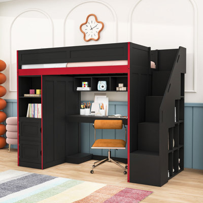 Wood Loft Bed with Desk, Storage Shelves and LED Lights