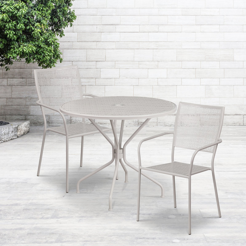 Amaaya 35.25'' Round Indoor-Outdoor Steel Patio Table Set with Square Back Chairs, Light Gray, 3 Pieces: Table, 2 Chairs