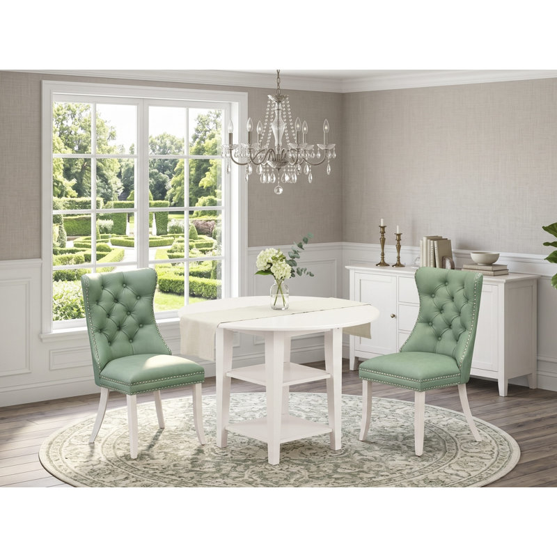 L'ensemble de salle à manger 3 pièces comprend une table de salle à manger ronde avec Dropleaf et des tablettes et 2 chaises rembourrées