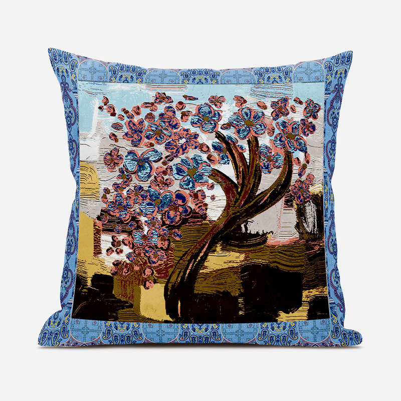 Floral Outdoor Reversible Throw Pillow, 16" x 16", Pink/Blue/Yellow