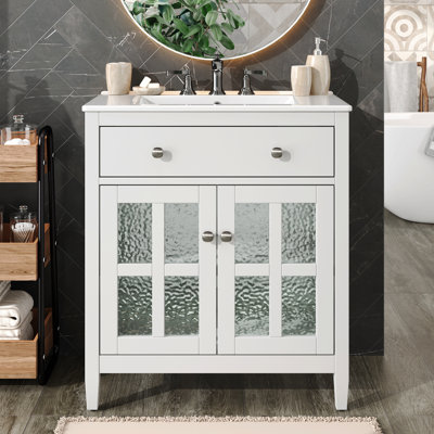 Meuble-lavabo de 30 po avec lavabo en céramique, tablette réglable et plateau basculant, meuble-lavabo avec pieds en bois massif, poignées en métal argenté et charnières à fermeture douce, blanc