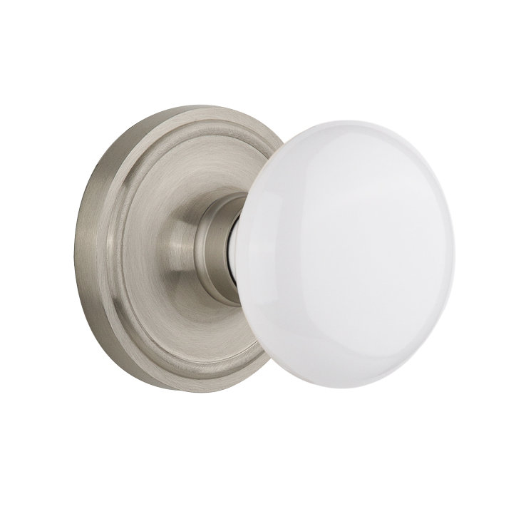 Bouton de porte mortaise intérieur en porcelaine blanche avec rosette classique, Nickel satiné