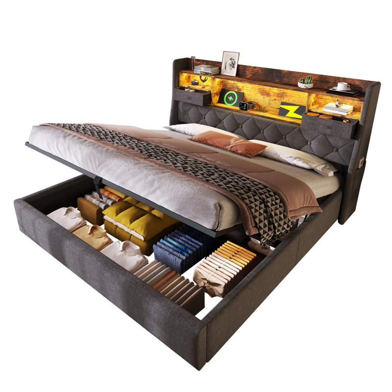 Upholstered Hydraulic Lift With Led & Usb-c, Storage Headboard, 180x200 Cm, Grey Linen, Kingsize (5')