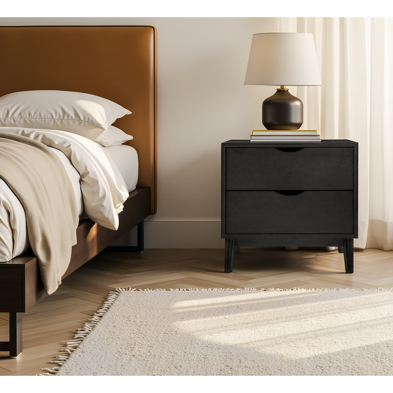 2-drawer Nightstand With Solid Wood Base, Black