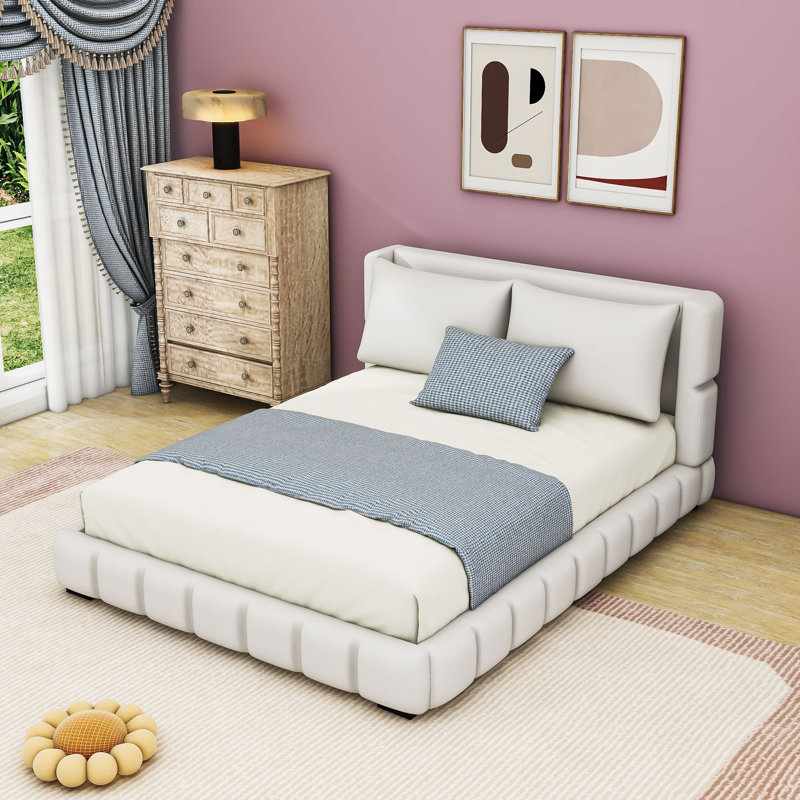 Lit plateforme tapissier avec 2 coussins, Grand lit, Blanc