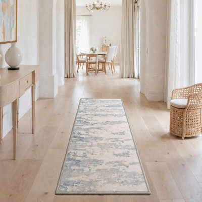 Tapis de couloir abstrait ivoire / bleu lavable à la machine avec envers antidérapant