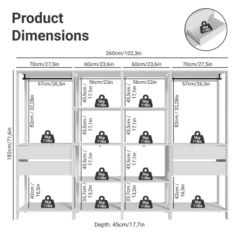  Étagère de rangement pour garage avec 4 tiroirs, tablettes ouvertes et espaces suspendus, Blanc