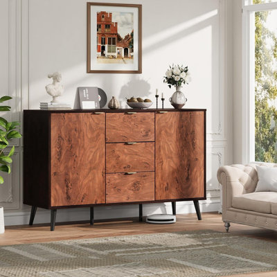 Grande armoire de rangement en bois 52,1 po avec 3 tiroirs, buffet de ferme et café pour la salle à manger, la cuisine et le vestibule - Noyer rouge