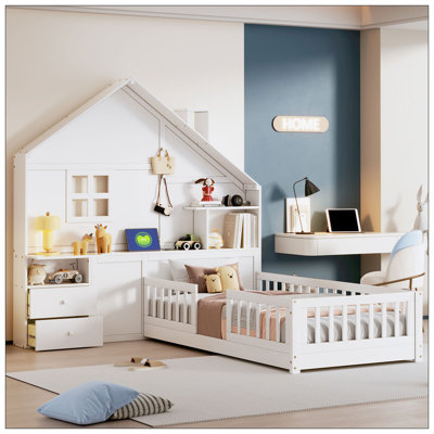 Lit maison avec bureau intégré, rangement (tablettes et tiroirs) et chargement USB