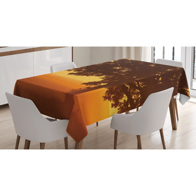 Ambesonne Tree Tablecloth, Lonely Tree On The Field At Sunrise In Warm Color Countryside Foggy Morning Scenery, Rectangular Table Cover For Dining Room Kitchen Decor, 52" X 70", Brown Orange