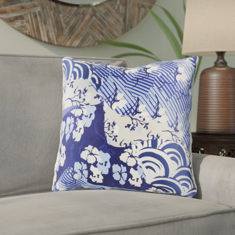 Cobalt Blue Floral Silk Square Pillow Cover