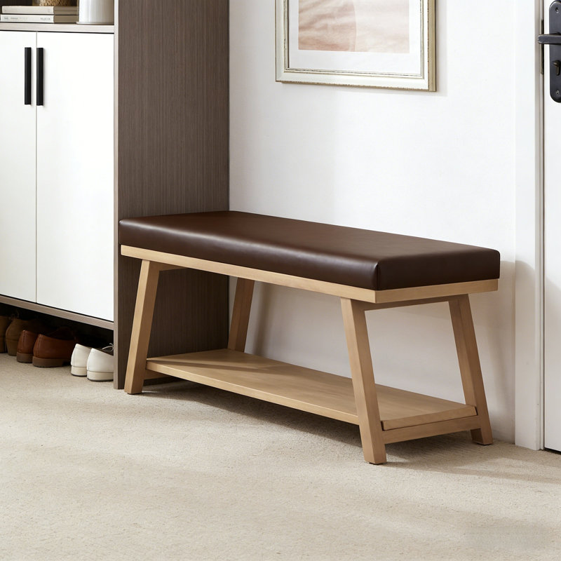 Banc de rangement en cuir Premium, Bois jaune clair / brun
