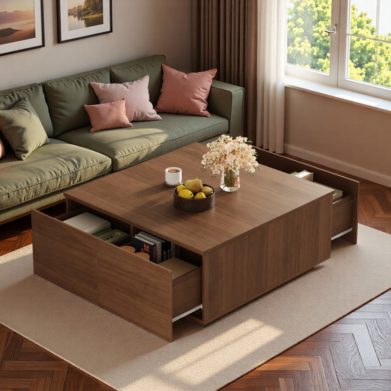 Table basse moderne carrée avec 4 tiroirs, Noyer