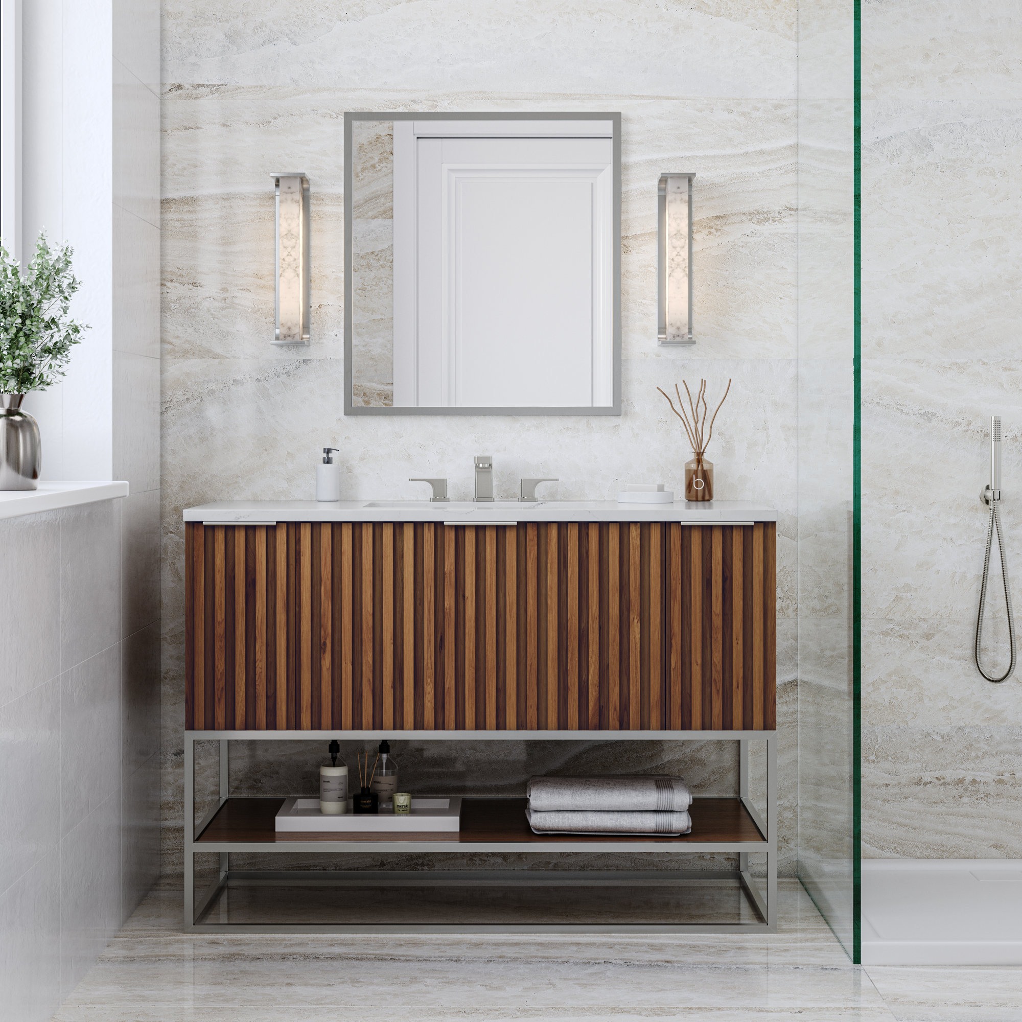 Terra 48'' Single Bathroom Vanity, Walnut, Calacatta Quartz/Widespread Faucet Mount, Brushed Nickel