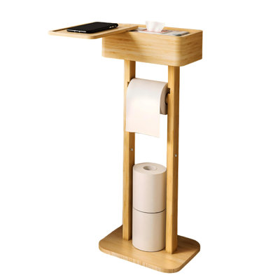 4-in-1 Bamboo Toilet Paper Holder Stand with Storage Shelf Box, 360° Rotating Bamboo Free Standing Toilet Tissue Roll, Toilet Wipes Dispenser Organizer Desktop for Modern Bathroom Organizer, (Natural)