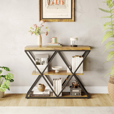3-Tier Industrial Console Table - Sturdy Entryway Sofa Table with X-Shaped Metal Frame, Open Storage Shelves - Vintage Accent Furniture for Living Room, Hallway, or Foyer - Vintage Brown