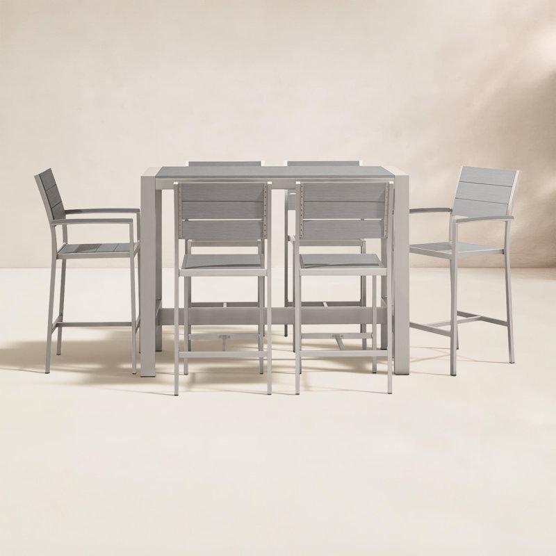 Betty 7-Piece Patio Bar Dining Set with Poly Resin Seating and Rust Free Aluminum Frame in Grey, Gray, Silver