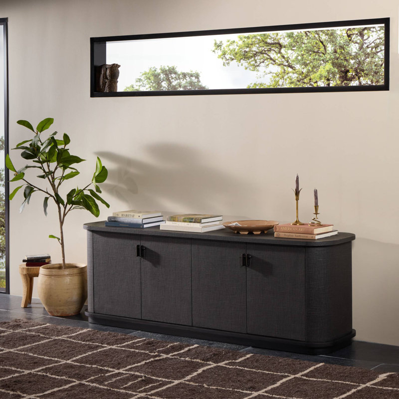 Berlin Media Console-Worn Black Veneer, Dark Green Lacquered Linen