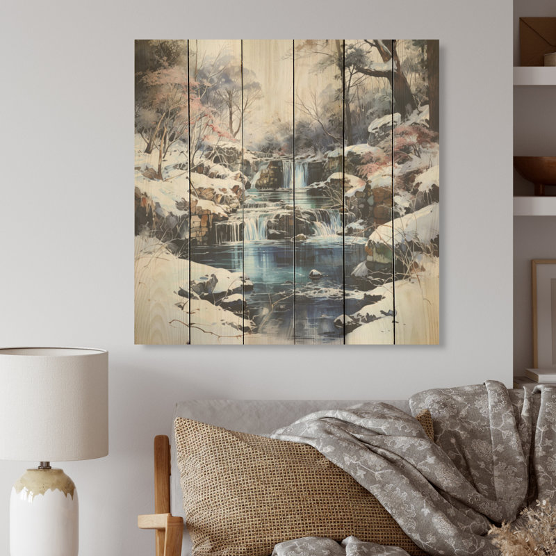 Waterfall Charm In Winter - Waterfall Wood Panel Wall Art On Natural Pine Wood, 15" H x 15" W