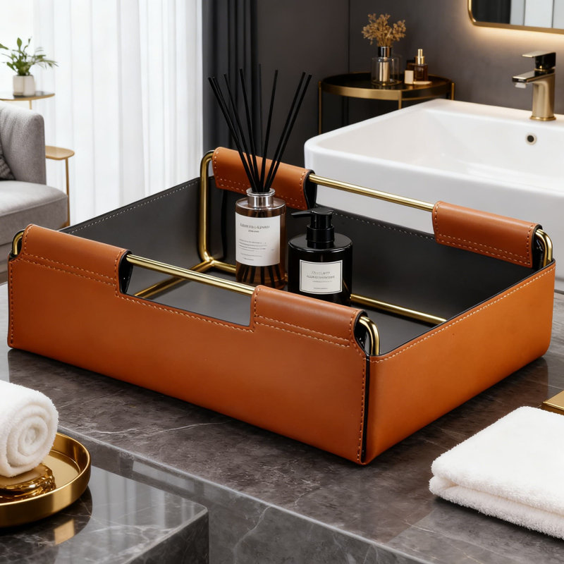 Handcrafted Leather Tray With Metal Frame - Elegant Entryway Key Organizer, Desk Valet Tray For Jewelry, Watches, Perfume & Essentials - Waterproof, Durable & Easy To Clean - Scandinavian Minimalist Decor