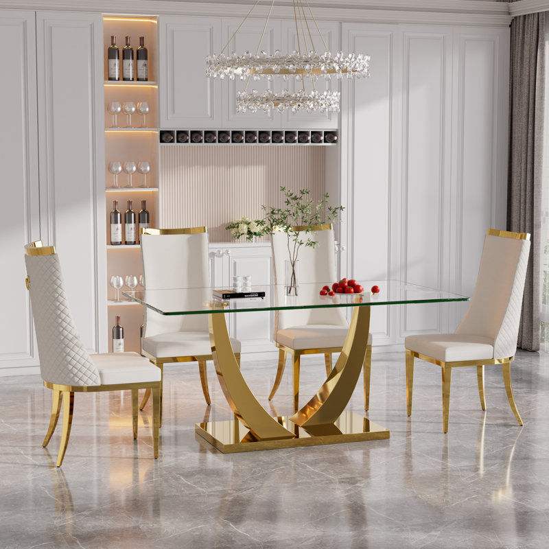 Ensemble de salle à manger à piédestal en verre trempé avec dossier haut, 5, Blanc / Doré, Doré