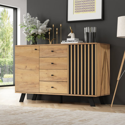 Storage Cabinet with 4 Drawers & 1 Slatted-Door Cabinet 120*38*75 cm MDF 1 Piece Sideboard Black/Natural with Drawers