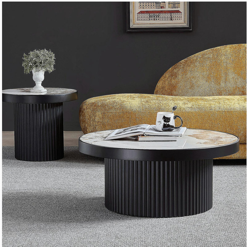 Ensemble de 2 tables basses, table basse ronde en panneau de fibres à densité moyenne en bois aggloméré pour le salon