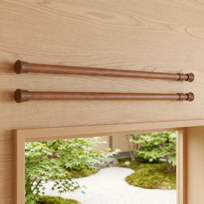 2-Pack Oak Small Curtain Tension Rods, 16-28 Inch Expandable Adjustable No Drill for Kitchen, RV, Cupboard, Refrigerator