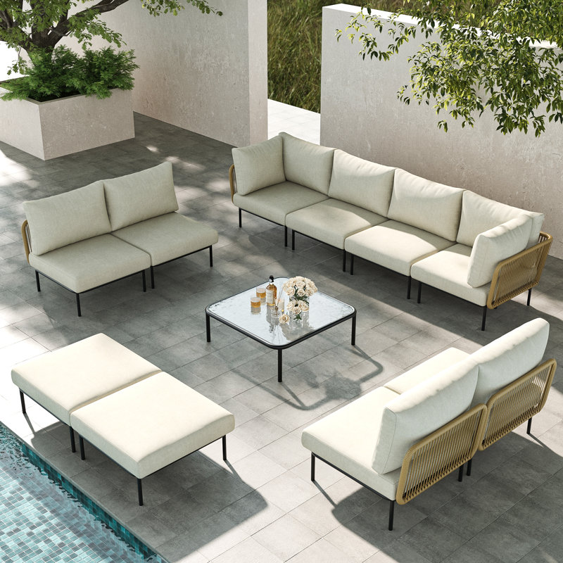  Outdoor Patio Woven Rope Wicker Modular 11 Pieces Sectional Set With Fire Pit Table And Cushions