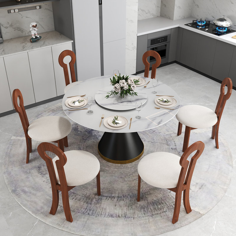6 Seat Modern Round Sintered Stone Dining Table With Rotating Tray,modern Key-shaped Dining Chairs, White