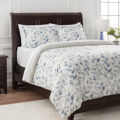 Leaves Blue Microfiber Reversible Duvet Cover Set