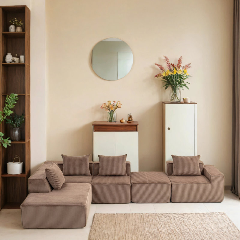 Canapé modulaire en velours avec repose-pieds, Velours côtelé brun