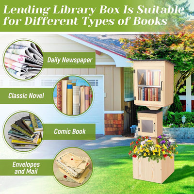 Outdoor Wooden Little Library Box For Book Sharing, Double-Door Weatherproof Community Book Exchange With Floor Plugs And Flower Fence – Natural Wood