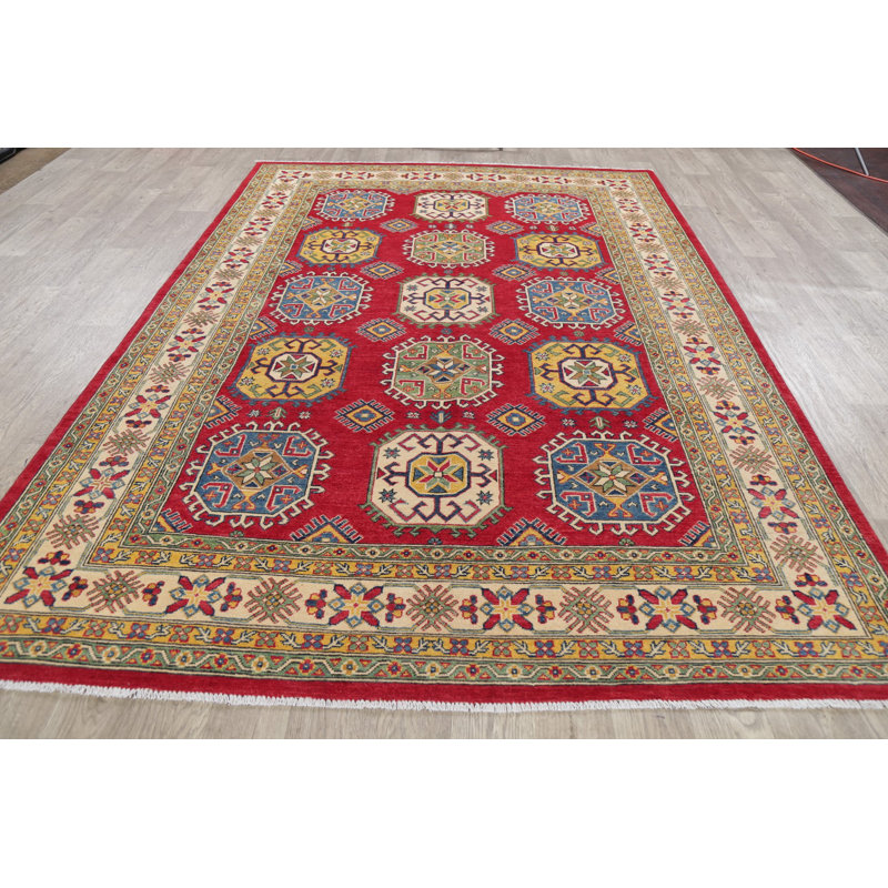 Tapis unique en laine noué à la main style Kazak rouge / beige des années 2010 de 6 pi 9 po x 9 pi 10 po Saadet