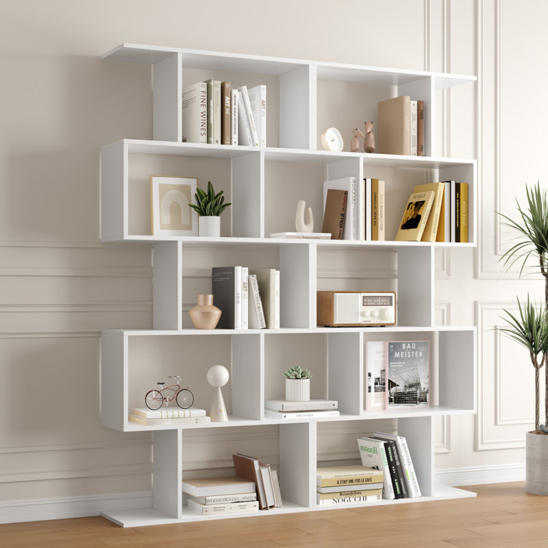 5-tier Geometric Bookcase, S-shaped Modern Bookshelf Set Of 2, 62.6" Tall Room Divider Book Shelf, Decorative Display Shelf