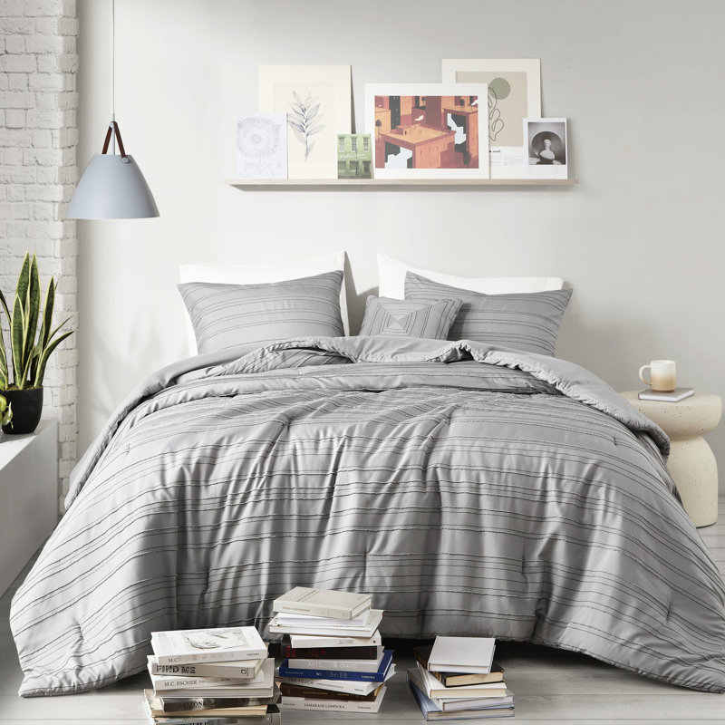 Édredon gris, pince 4 pièces, rembourrage, lavable à la machine avec 2 taies décoratives et 1 coussin décoratif, preuve