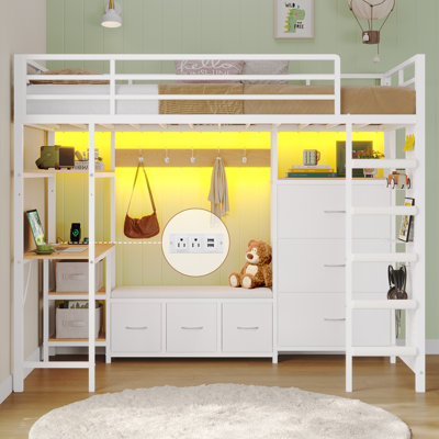 Twin Size Loft Bed With 6 Storage Drawers,Coat Rack And Open Shelves,Twin Loft Bed With Desk,Charging Station And Led Lights,Metal Loft Beds With Large Pegboard,Safety Guardrail And Ladder,White