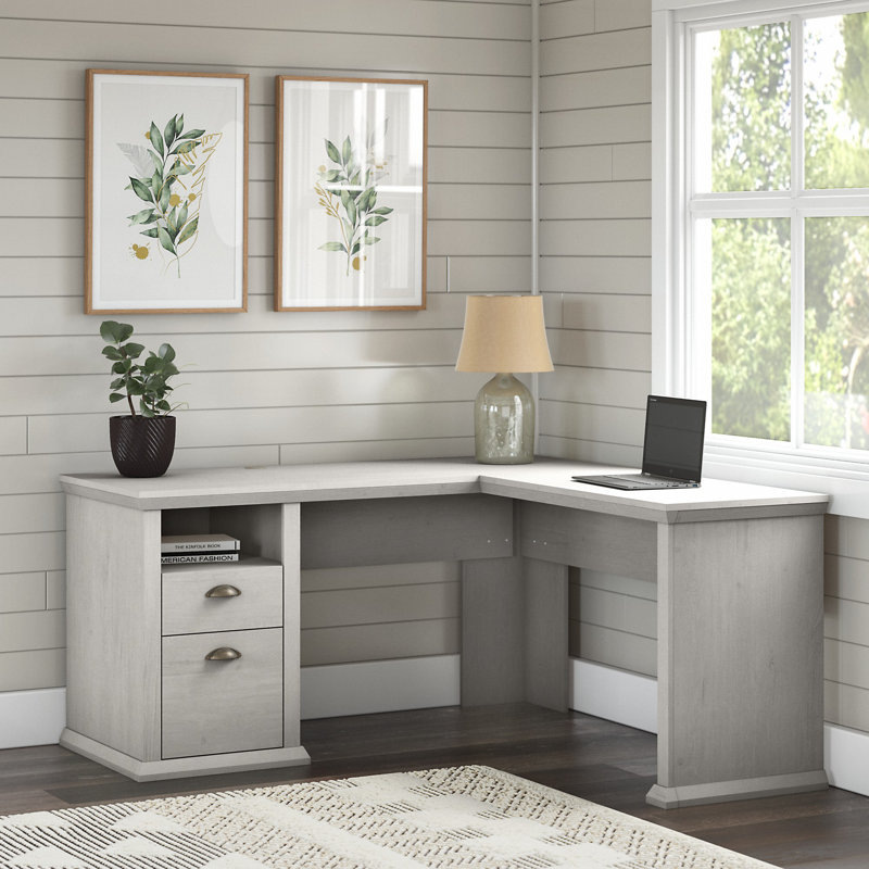Palaksh L-Shaped Executive Desk, Linen White Oak