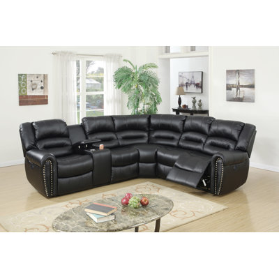 Canapé d'angle inclinable manuel en cuir reconstitué noir avec console centrale, style contemporain