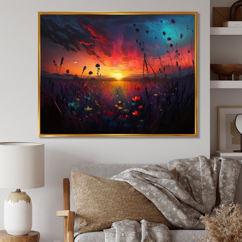 «Flowerful Countryroad At Sunset I - Lake House Cottage, art mural sur toile, H 30 po x l 40 po x P 1,5 po