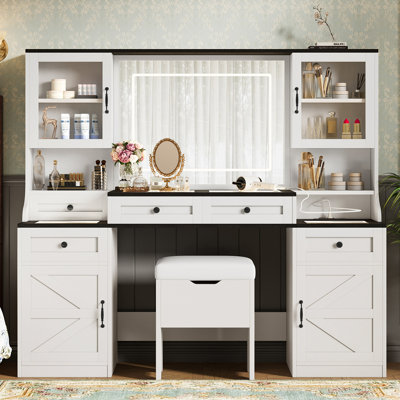 61.5" Farmhouse Vanity Desk With Mirror And LED Lights